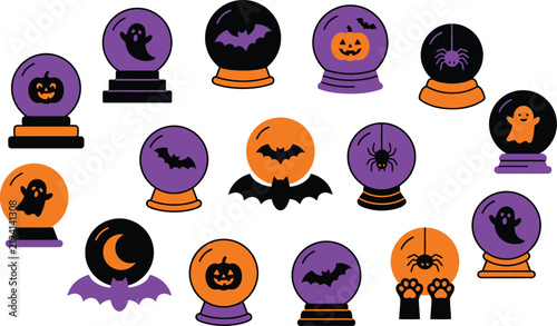 Happy Halloween crystal ball icons with spooky symbols and creatures Vector