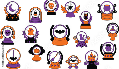 Happy Halloween-themed snow globe trophies with spooky icons collection Vector
