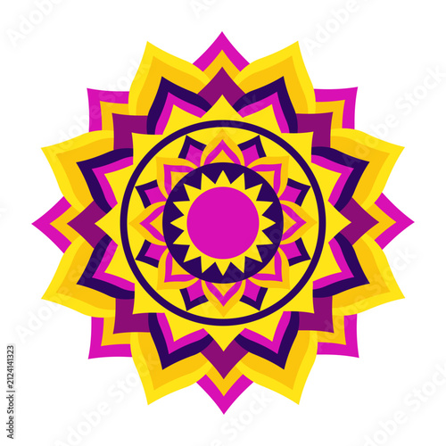 Colorful Diwali mandala rangoli ornament icon isolated on white background. Indian traditional decoration. Yellow, purple, pink, gold color. Vector illustration