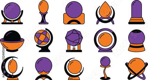 Happy Halloween Illustrated collection of crystal balls and globes on stands Vector