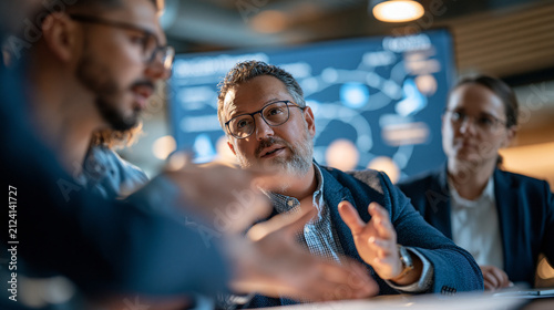 Multidisciplinary team of data scientist, legal advisor and business manager discussing the transparency of an AI model around a conference table, large display showing a simple