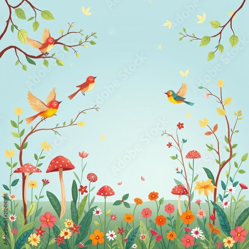 Enchanted forest scene featuring whimsical birds, leaves, mushrooms, and flowers on a soft blue background, gardening, mushroom