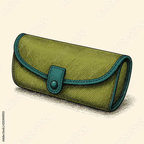 A hand drawn illustration of a green glasses case with blue trim.