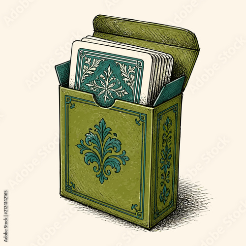 An ornate vintage style deck of playing cards inside a decorative green box.
