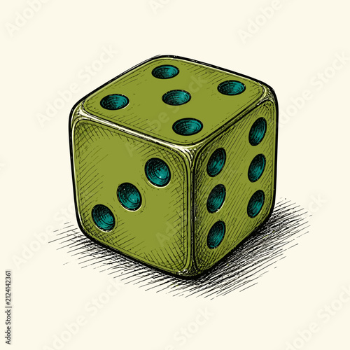 A detailed illustration of a green six-sided die showing multiple pips.
