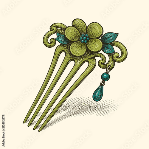 An elegant vintage style decorative hair comb featuring a floral design and dangling gemstone.
