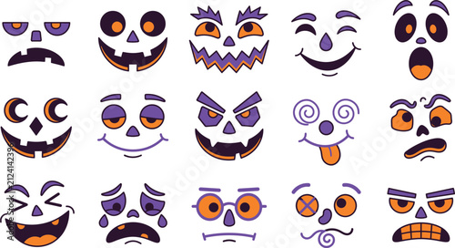 Happy Halloween Happy cartoon jack o lantern faces with colorful expressions isolated Vector