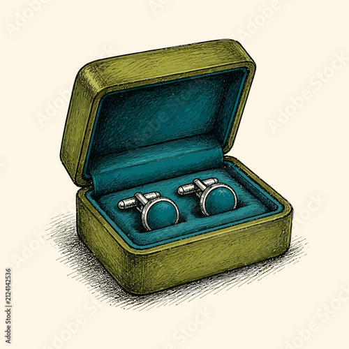 A pair of elegant circular cufflinks resting inside a vintage green velvet jewelry box.
