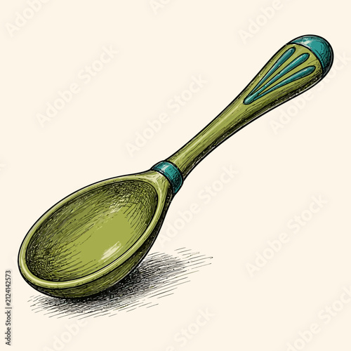 A detailed hand drawn illustration of a vintage wooden spoon with teal accents.