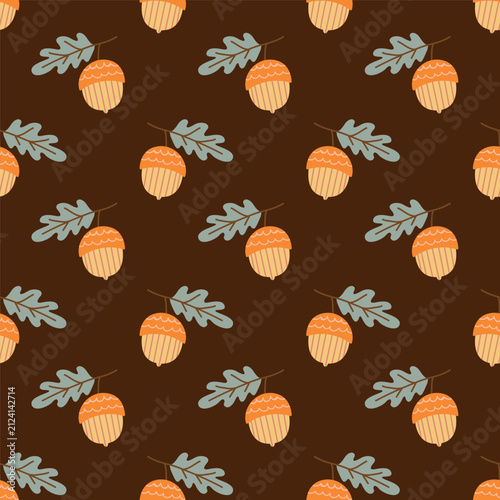 Autumn acorn branch seamless pattern vector cute fall oak nut tile background on dark brown