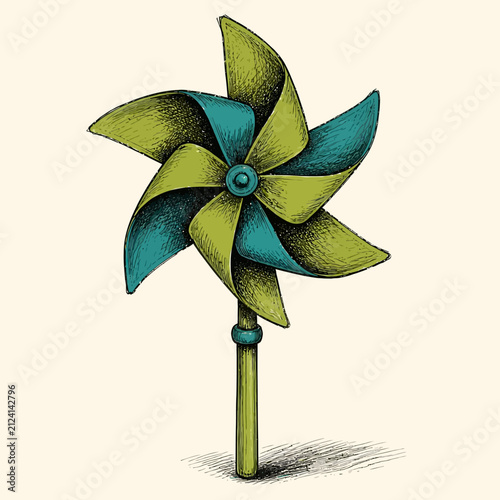 A hand drawn illustration of a colorful pinwheel toy on a stick.