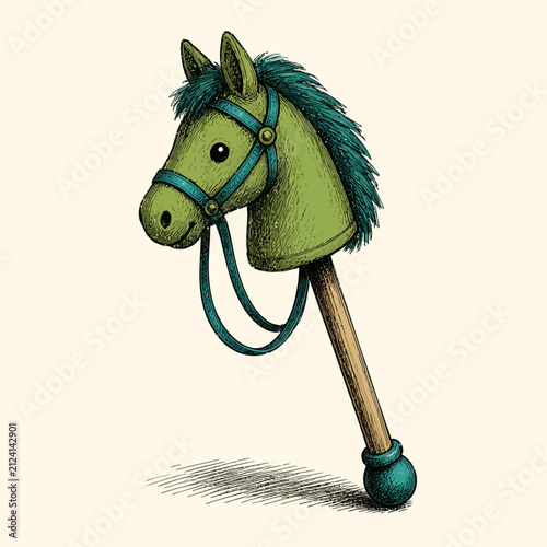 A vintage style illustration of a green hobby horse toy on a wooden stick.