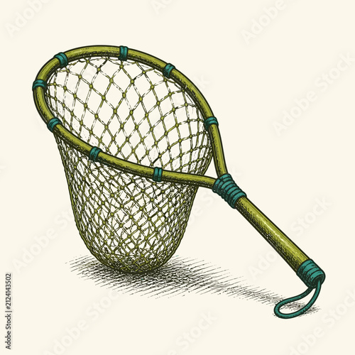 A vintage style hand held fishing net illustration.