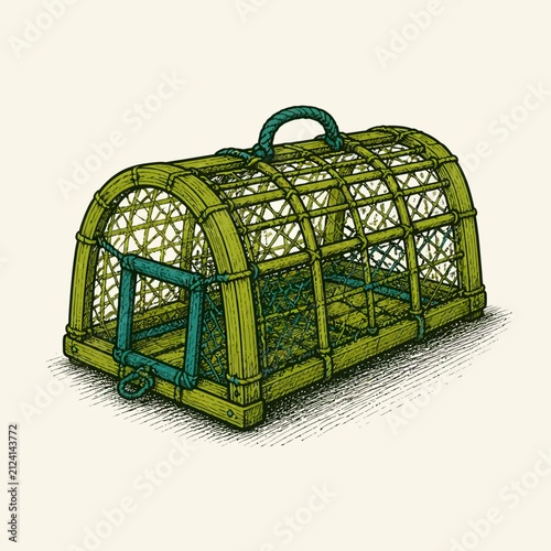 A detailed hand drawn illustration of a traditional wooden lobster trap or fishing cage.