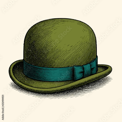 A vintage style olive green bowler hat with a teal ribbon band.