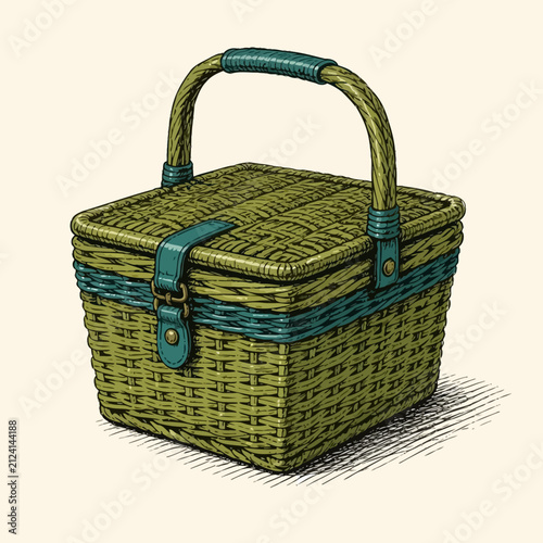 A vintage style woven picnic basket with a teal leather strap and handle.