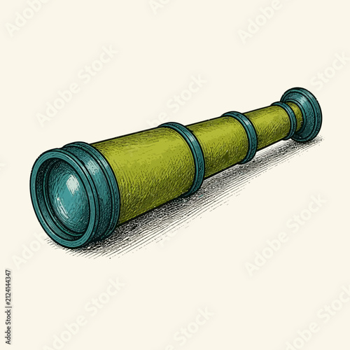 A vintage style hand drawn illustration of a classic brass nautical telescope.