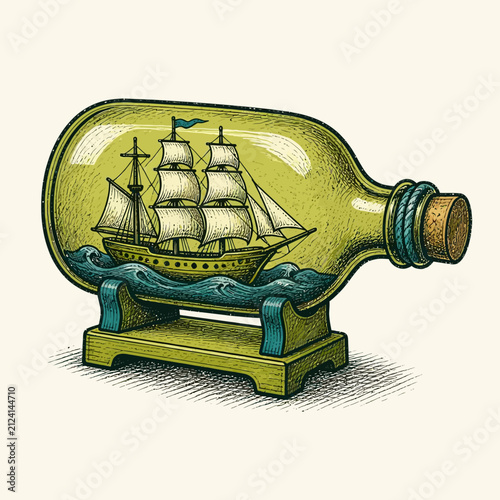 A detailed illustration of a vintage sailing ship inside a glass bottle on a wooden stand.