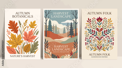 Autumn Botanicals and Harvest Landscape Vector Poster Collection