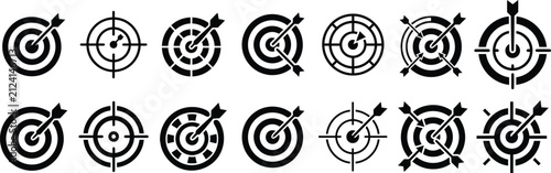 Photography Business strategy and success: target with arrow hitting bullseye icon set, vector graphic isolated on white background