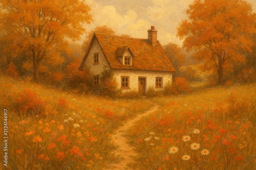 Obraz premium Charming cottage amidst autumn foliage.