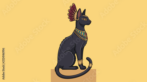 Fotografie Black cat adorned with Egyptian-style jewelry including gold collar, turquoise g