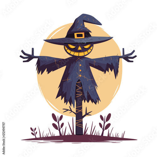 illustration of a scarecrow with a head in the form of a glowing jack-o-lantern for Halloween, a cartoon character, an illustration for the design of festive themed goods