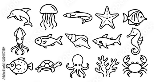 Underwater animals outline collection. Marine animals outline vector collection with ocean creatures isolated on white background