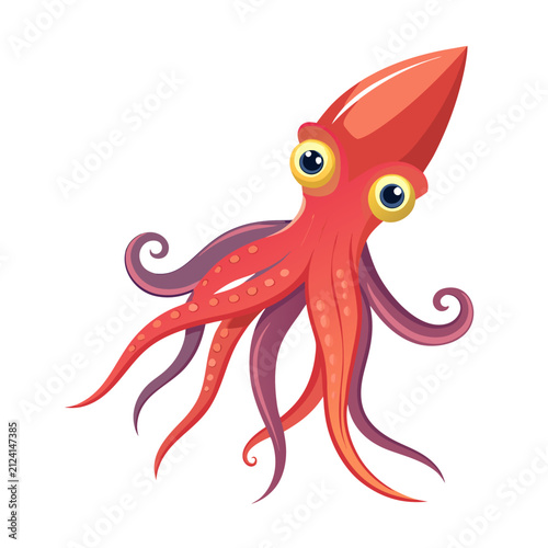 Cute red squid cartoon character in flat vector style isolated on white background