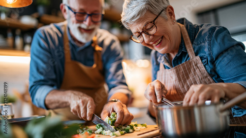 Mature lifelong partners aged around 65–75 preparing a simple dinner together in their home kitchen, one person chopping vegetables safely while the other stirs a saucepan,