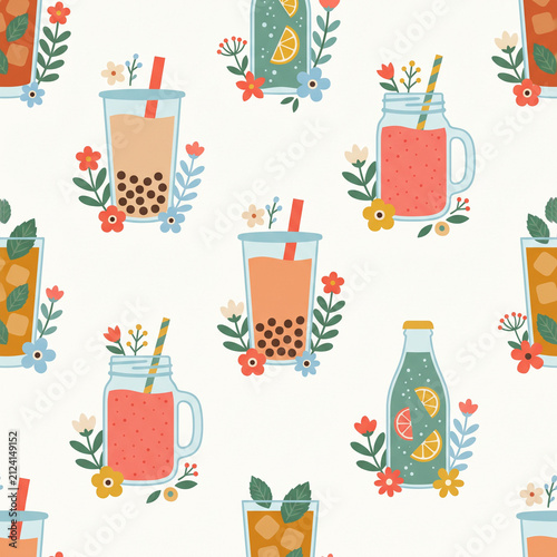 Refreshing Beverages and Flowers: A charming illustration featuring a vibrant pattern of assorted refreshing drinks adorned with delicate flowers and sprigs of greenery, perfect for a summer theme.