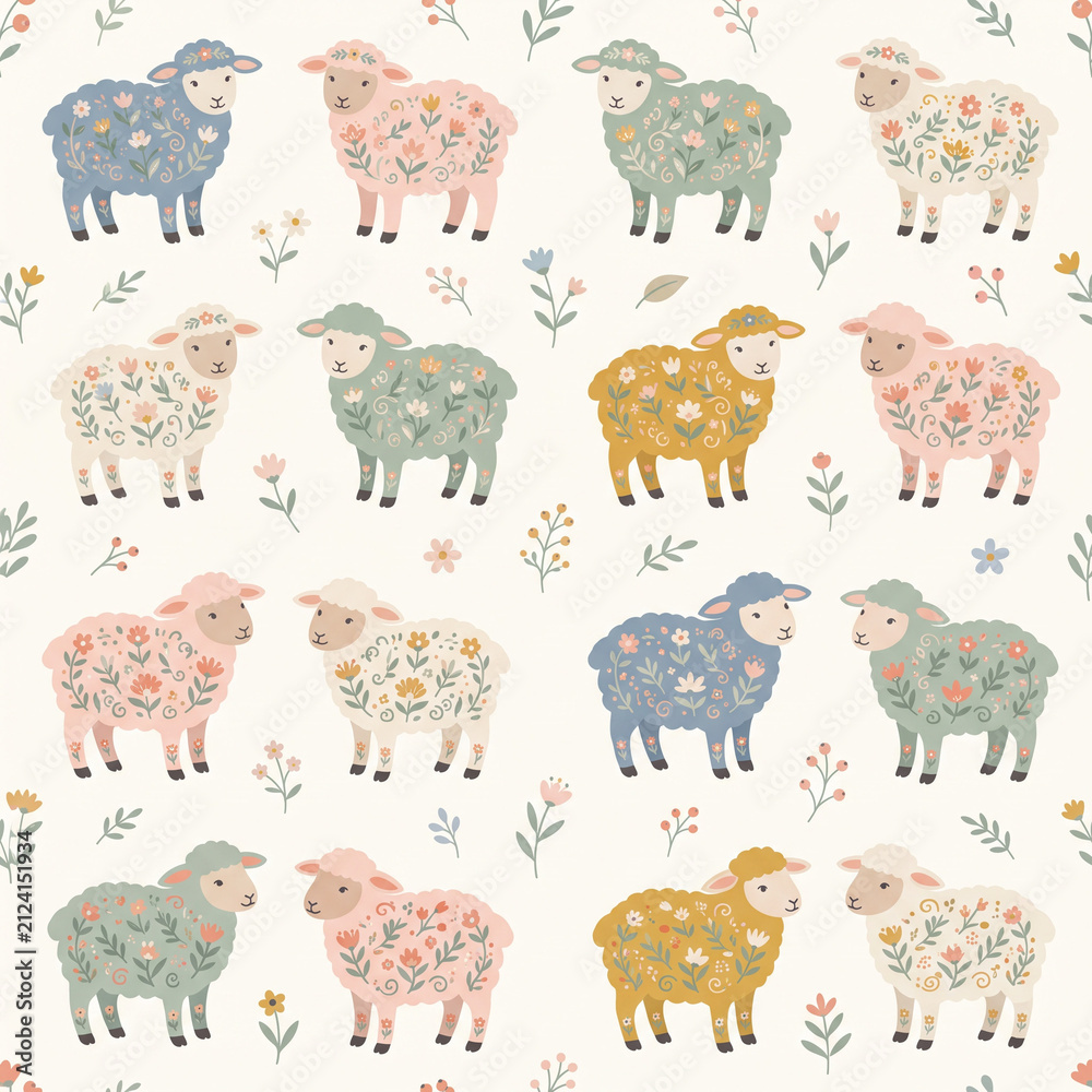Fototapeta premium Cute Sheep Pattern: A whimsical seamless pattern featuring an array of adorable, illustratively decorated sheep in various pastel colors.