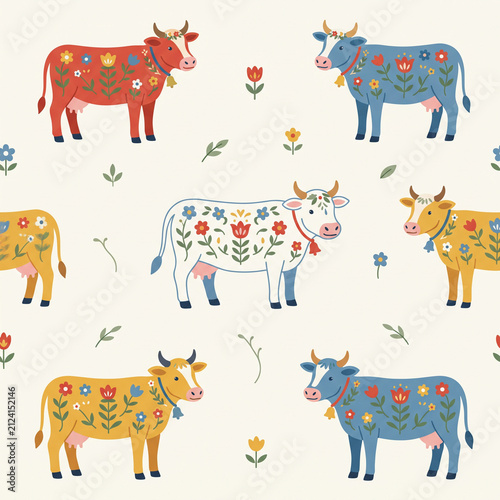 Folklore Cows Pattern: A whimsical seamless pattern featuring vibrantly decorated cows in red, blue, and yellow, adorned with floral motifs and playful bells.