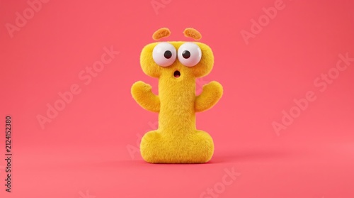 Cute yellow fluffy letter I character with surprised facial expression and raised arms against solid red background, funny 3D alphabet illustration
