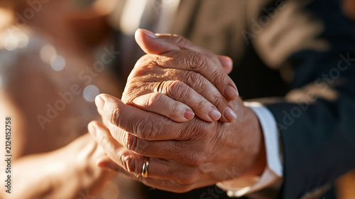 Close-up of an elderly couple’s joined hands during a slow dance, naturally aged skin, veins, wrinkles and wedding rings, correct finger count and believable hand anatomy, soft