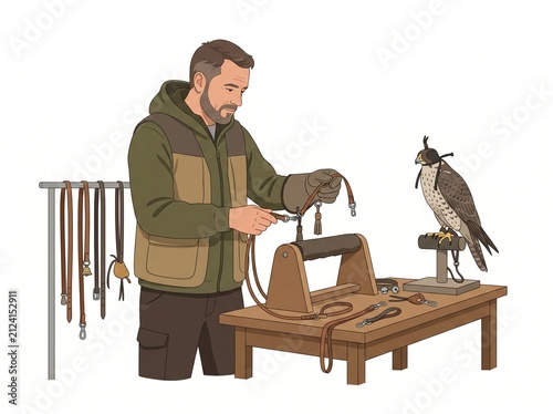 Falconer preparing equipment for bird of prey with hawk perched on stand illustration