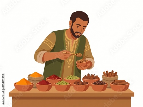Man examining spices in bowls at a market stall illustration