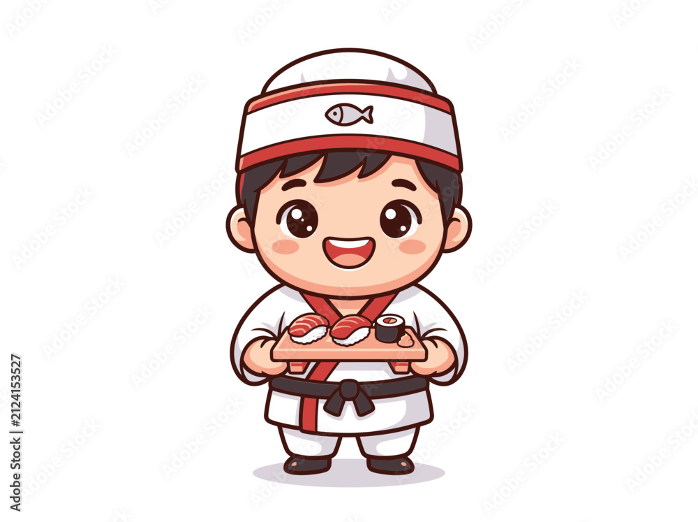 Obraz premium Cartoon sushi chef holding fresh fish.