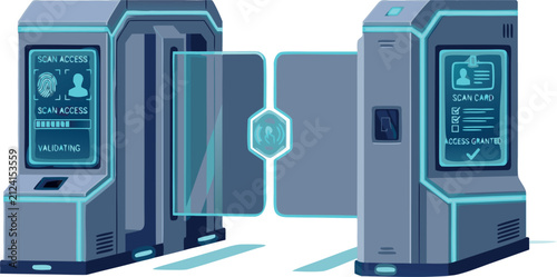 Futuristic security turnstile gate vector illustration featuring isometric electronic access control barriers with digital face recognition fingerprint biometrics and ID card scanner interfaces