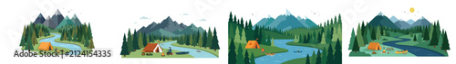 Vector illustration set of mountain landscapes with rivers, pine forests, campsites, and cabins