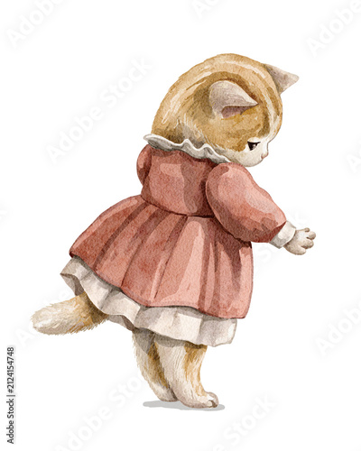 Watercolor vintage cat kitten in blue pajamas stands on its hind legs paws with its back to the viewer isolated on white background. Hand drawn illustration sketch