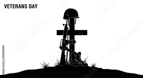 Konstfotografi Veterans day tribute with cross helmet with combat boots grassy mound depicts so