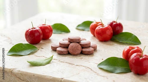 Fresh red apples and small cookies on a wooden table. organic acerola tablets