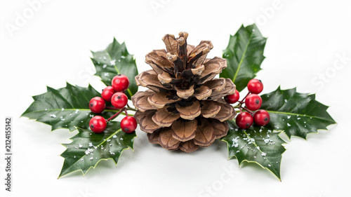 Christmas Decoration with Pinecone Holly Berries and Snowflakes on White holiday