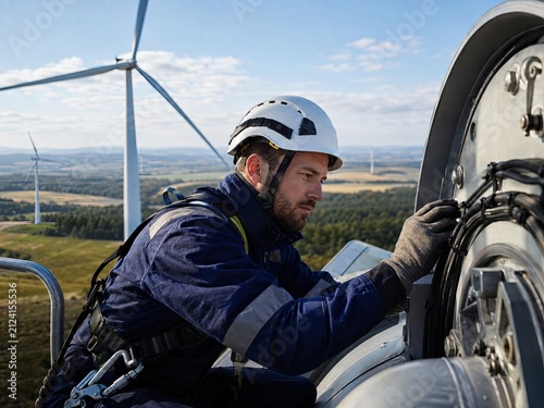 Wind Farm Technician Inspecting Turbine Equipment