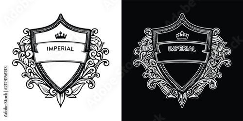 Foto Imperial vintage shield crest illustration with intricate ornate floral design e