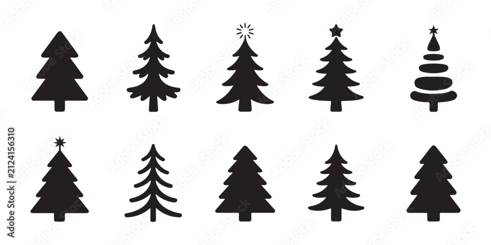 Obraz premium Set of black christmas trees icon vector isolated on transparent background. winter holiday symbols.