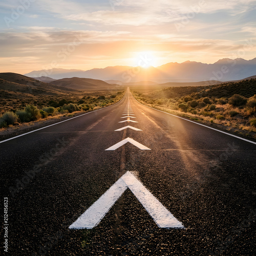 Empty asphalt highway stretching towards vibrant golden sunset over distant rugged mountains featuring white directional arrows painted on road surface markings