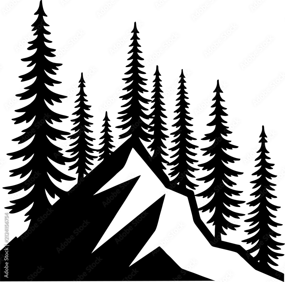 Obraz premium Black and white mountain and pine forest silhouette