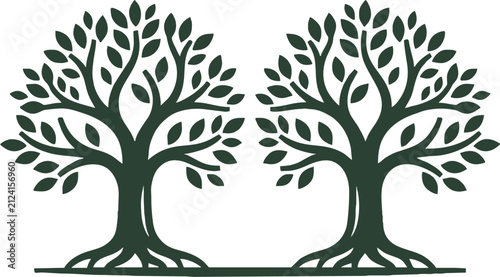Two stylized dark green trees with roots